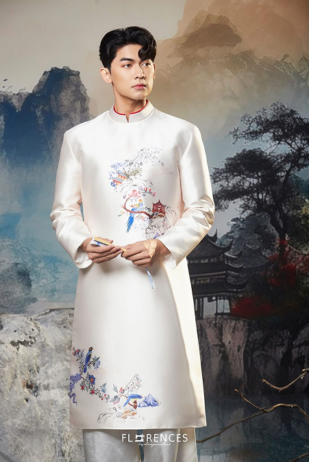 Áo dài nam trắng vẽ họ tiết (Bộ)