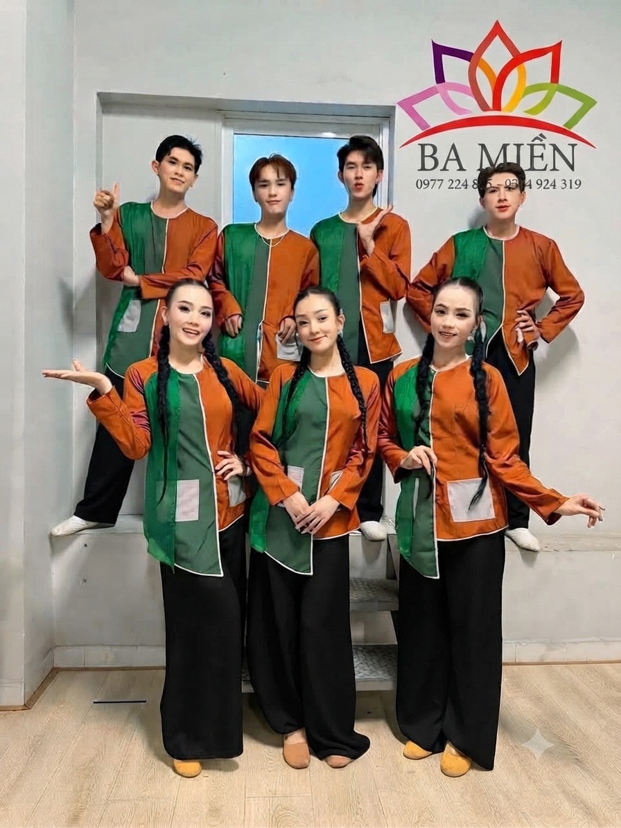 Thuê áo bà ba giá rẻ cách điệu xanh nâu BBXN26